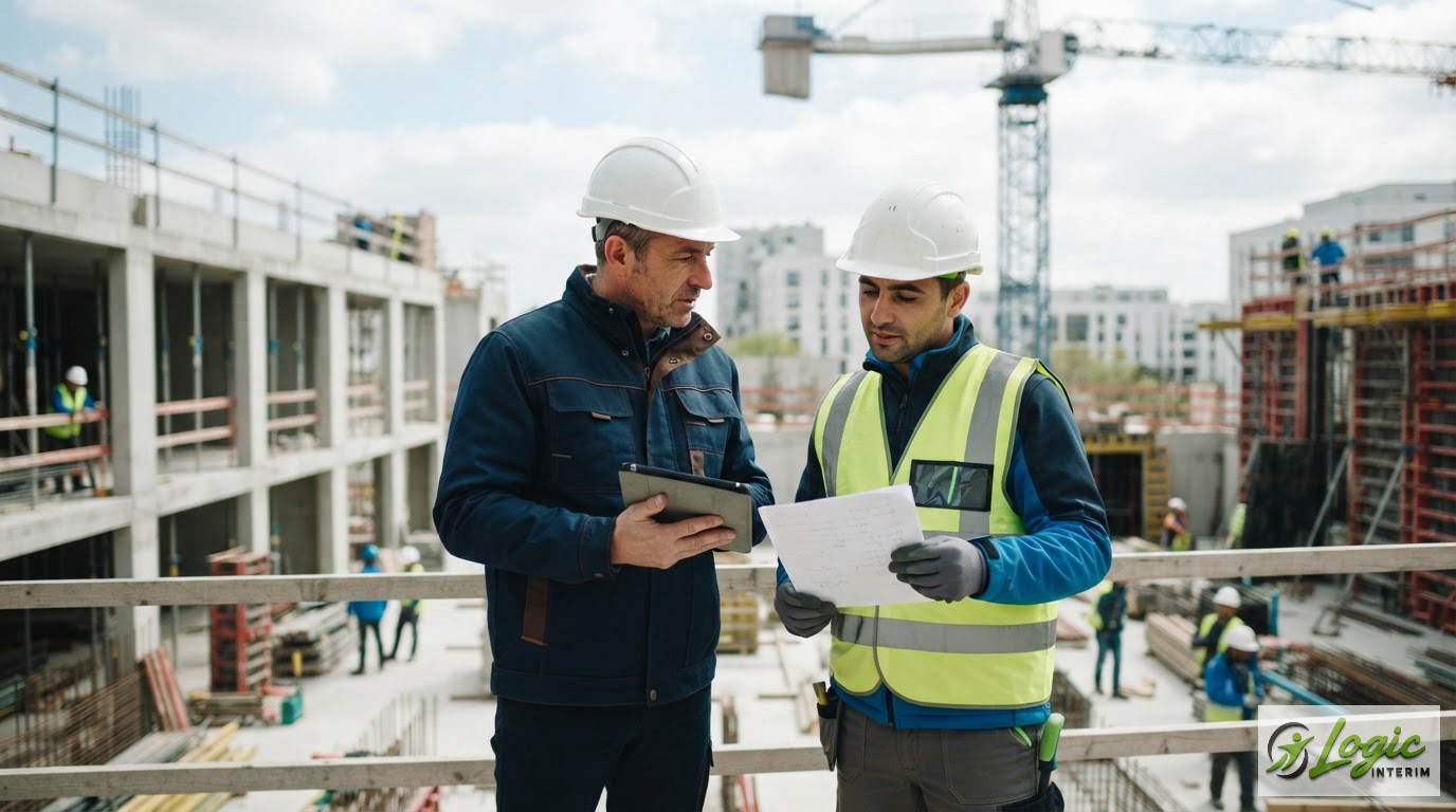 Un chantier de construction moderne illustrant le travail détaché en toute sécurité.