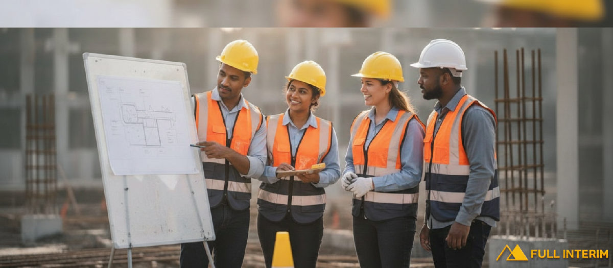 Communication positive entre ouvriers et managers sur le chantier.