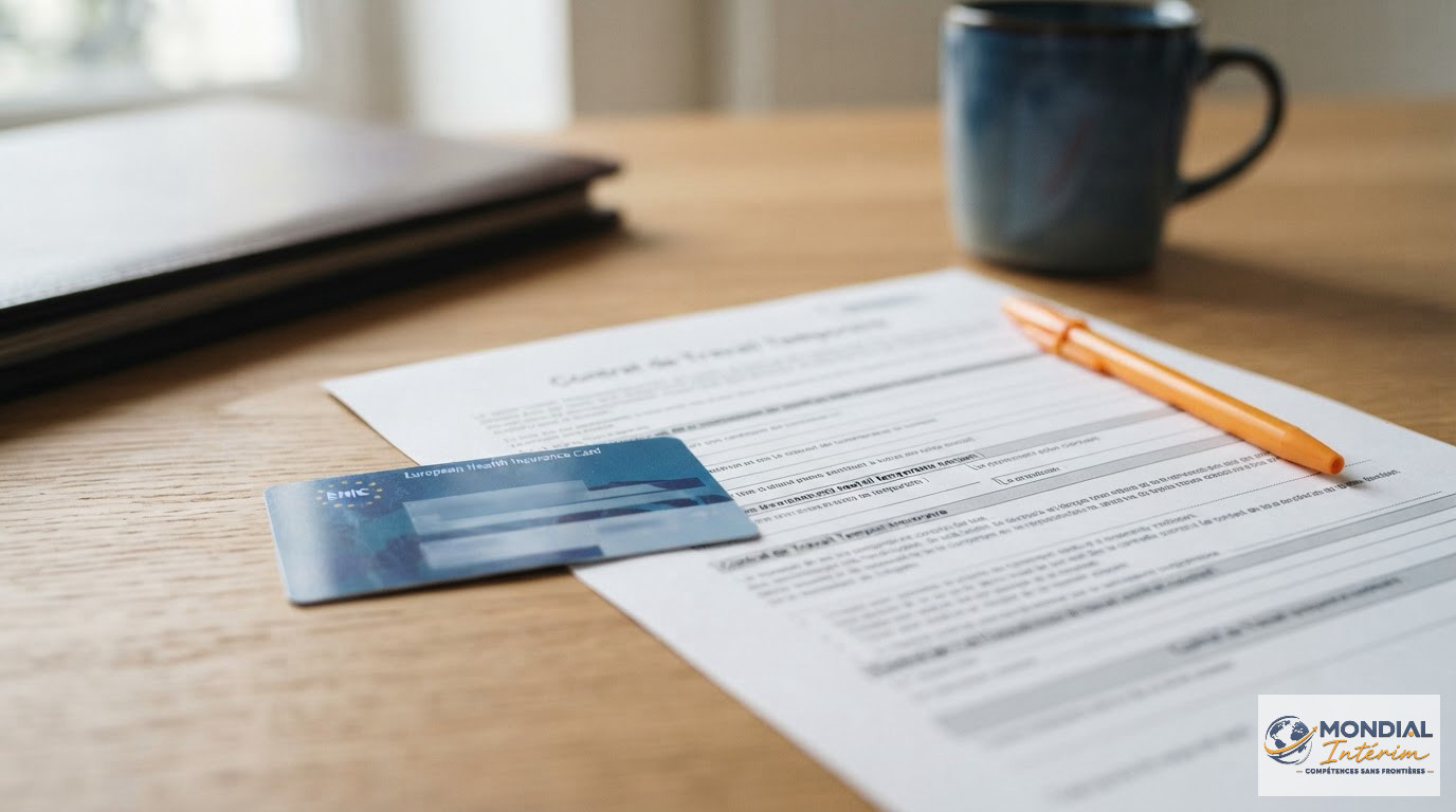 Une Carte Européenne d'Assurance Maladie posée sur un contrat de travail.