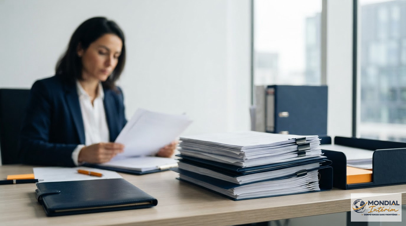 Des documents administratifs posés sur un bureau dans un espace de travail moderne.