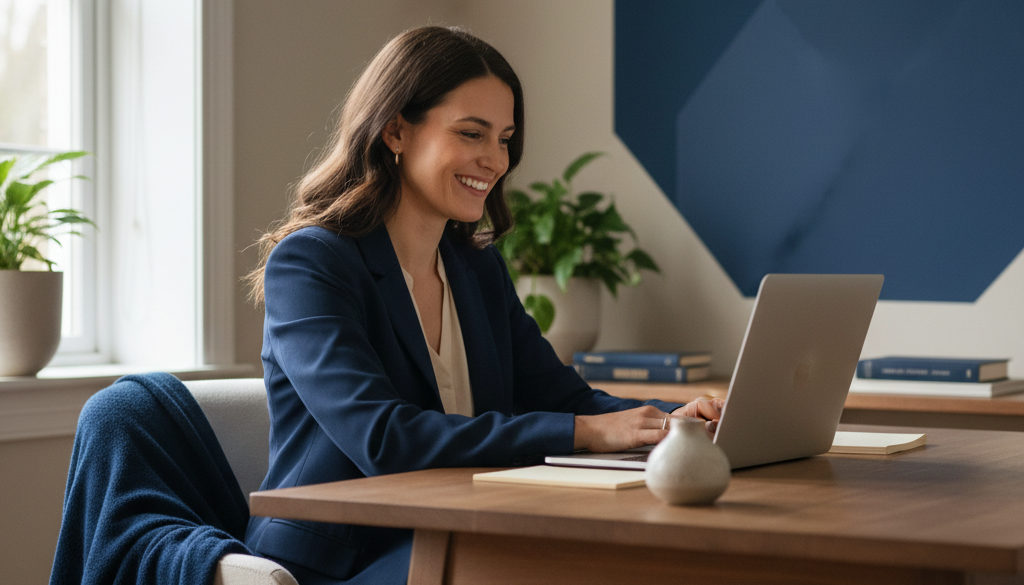 Entrepreneur in home office happy with IPTV sales report on laptop.