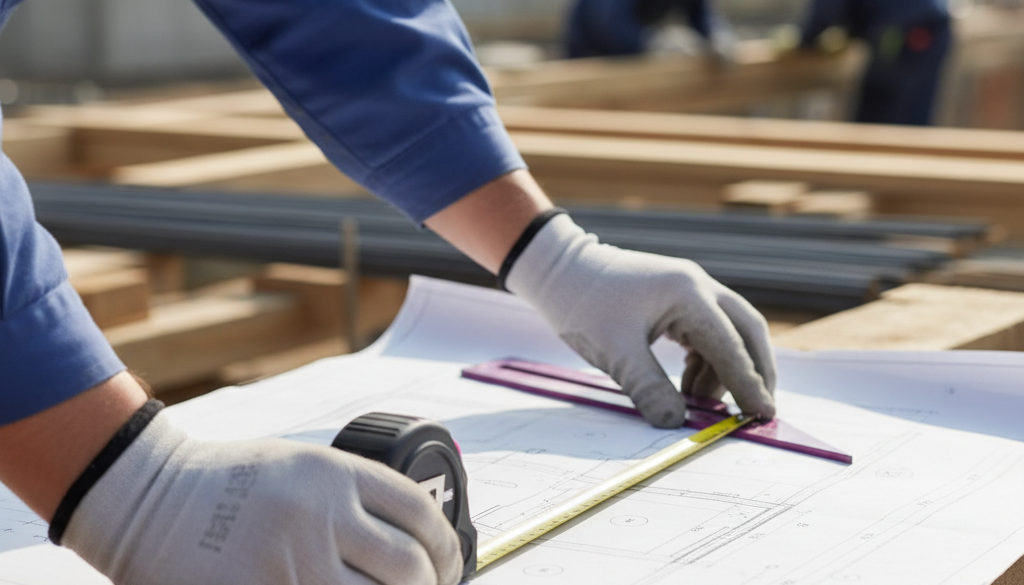 Mains d'un maçon mesurant sur un plan, précision technique.