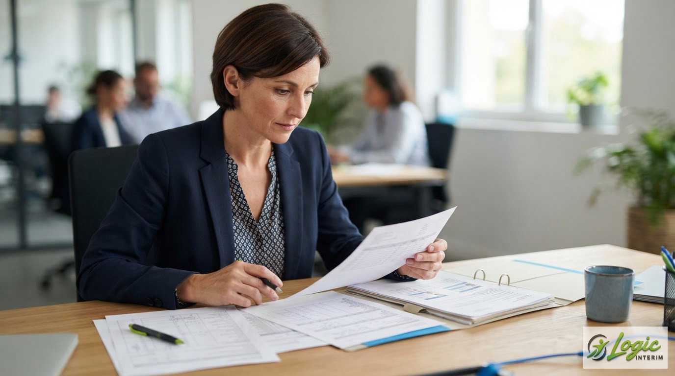 Un responsable vérifie un relevé d'heures et des documents administratifs d'intérimaires.