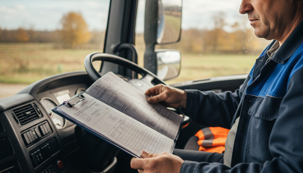 Chauffeur routier vérifiant ses documents, gage de professionnalisme.