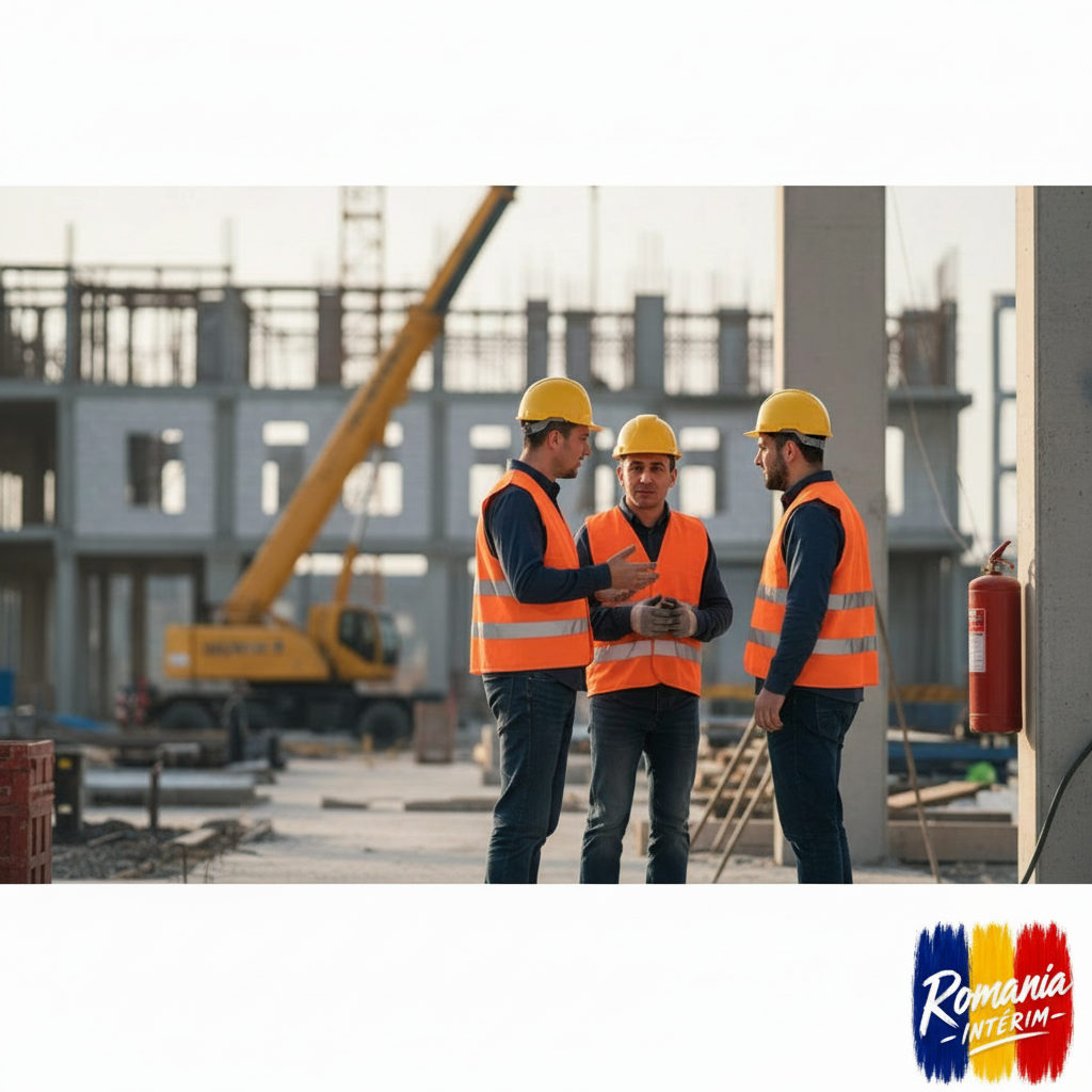 comment recruter en intérim en roumanie - Travailleurs qualifiés roumains sur un site industriel moderne.