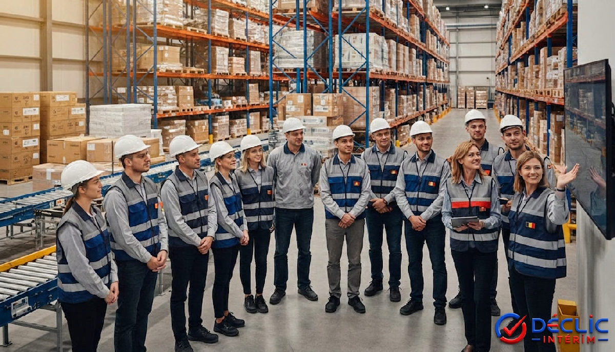 Briefing d'équipe dans un entrepôt logistique dynamique.