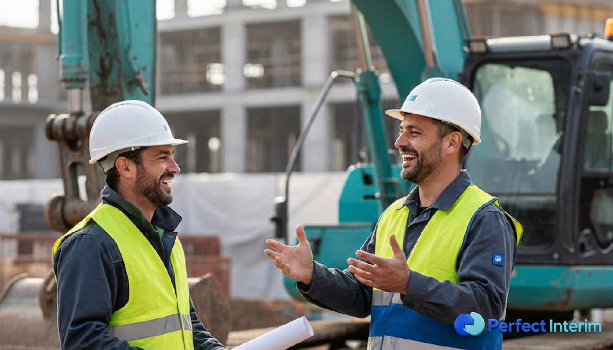 Chef de chantier et conducteur roumain partageant un moment convivial sur chantier.