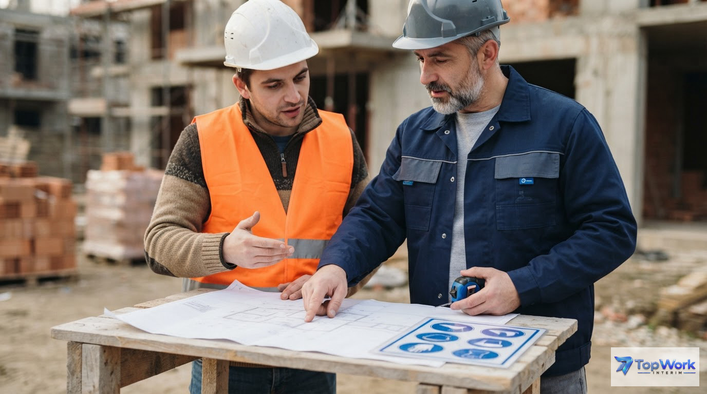 Un chef de chantier expliquant les consignes de sécurité à un ouvrier.