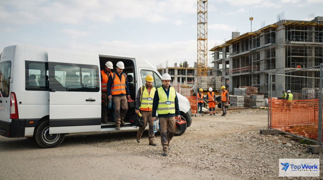 Des ouvriers descendant d'un véhicule devant un chantier sécurisé.
