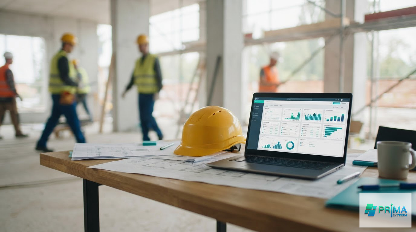 Plans et ordinateur sur une table de chantier pour la gestion administrative.