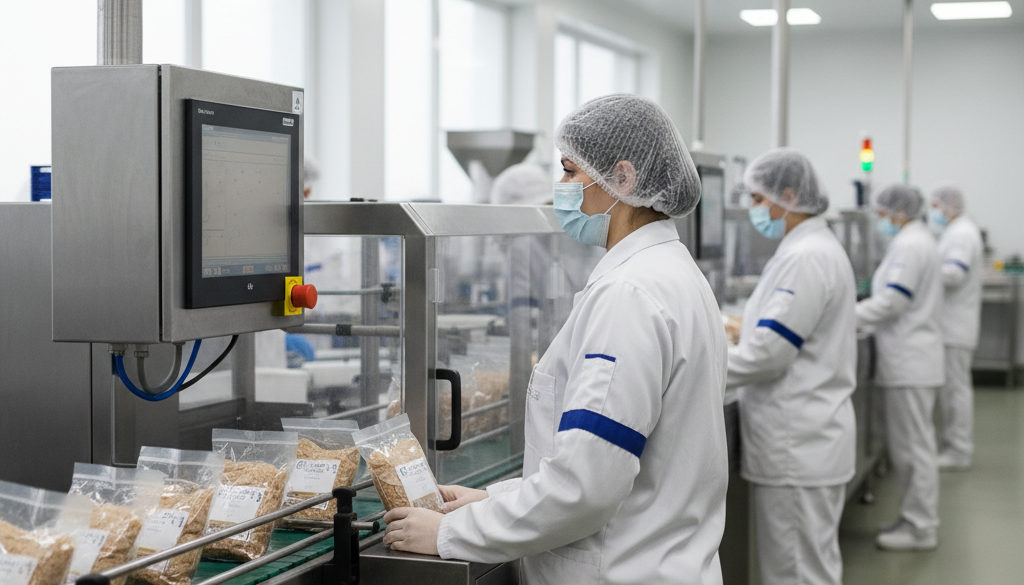 détachement travail agroalimentaire conformité - Ligne de production agroalimentaire, personnel en tenue d'hygiène et conformité.