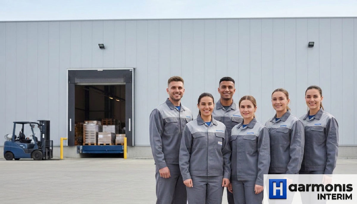 Équipe de logistique souriante devant un entrepôt.