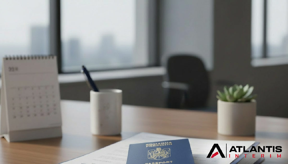 obtenir certificat A1 salarié roumain France - Bureau avec documents européens, passeport roumain pour certificat A1.