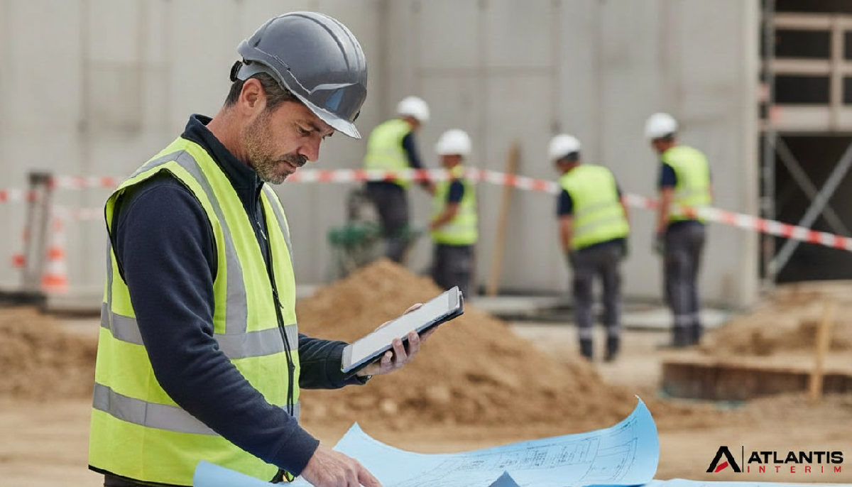 Inspecteur vérifiant des documents A1 sur un chantier français.
