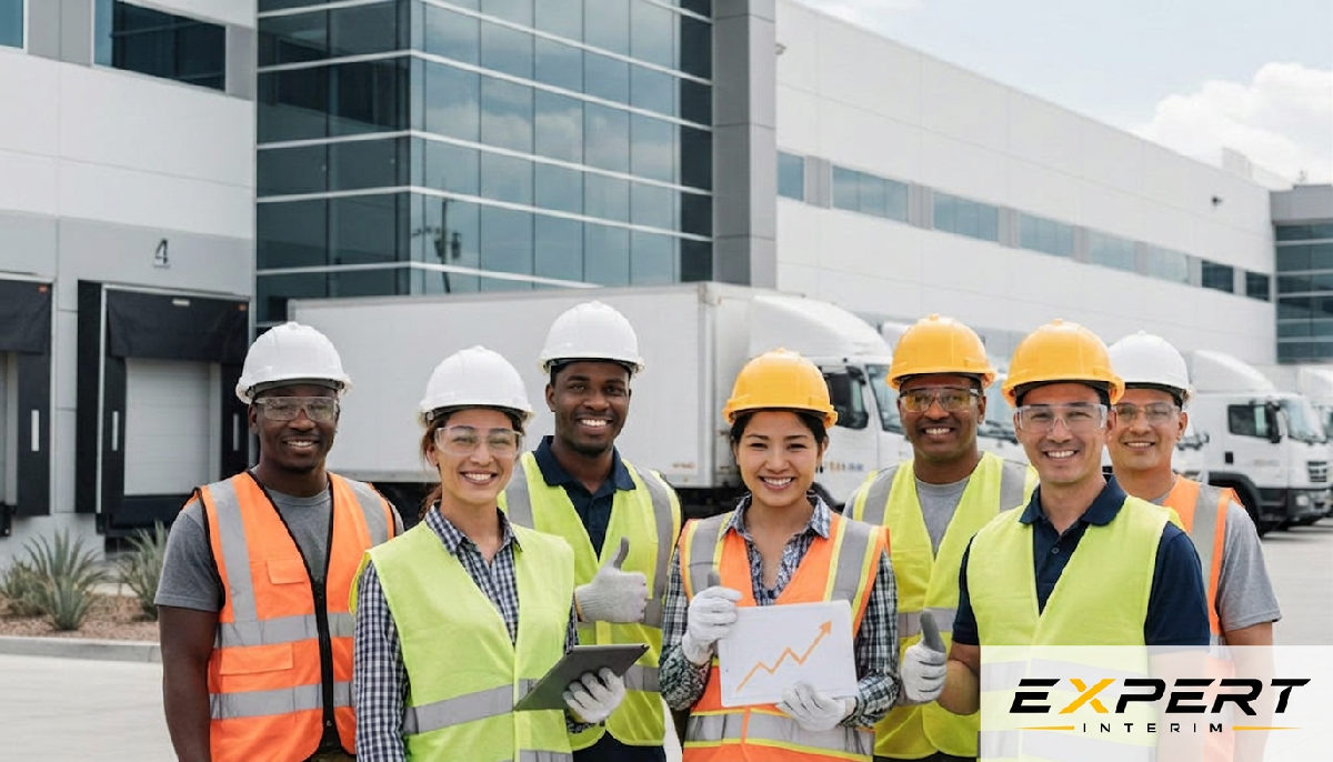 Équipe logistique diversifiée souriante, succès de recrutement et rétention.