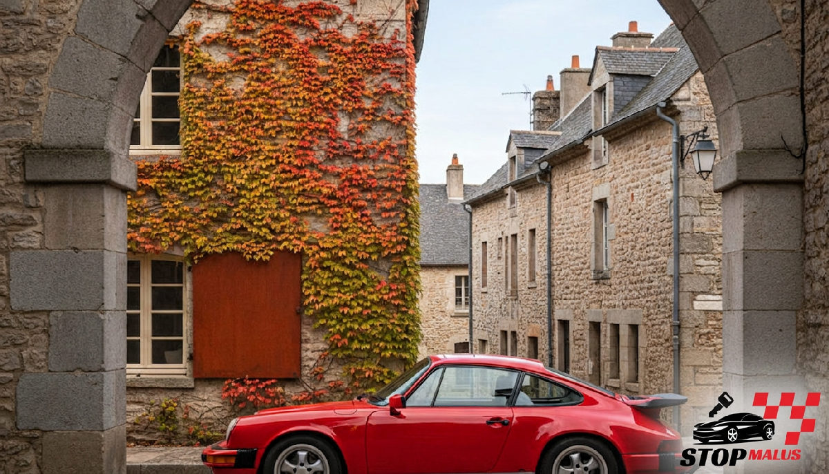 Porsche 911 classique garée dans un paysage pittoresque en France.