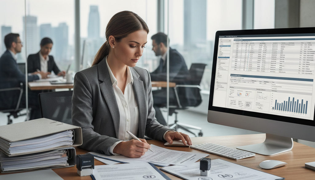 sécurité sociale fiscalité travailleur détaché – Manager examinant des contrats de travail internationaux et formulaires de s