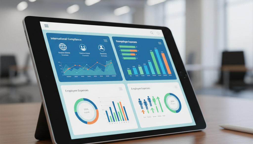 Tablette affichant la gestion des dépenses et la conformité fiscale internationale.