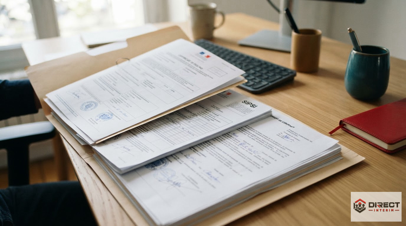 Dossier administratif avec formulaire A1 et contrat sur un bureau RH.
