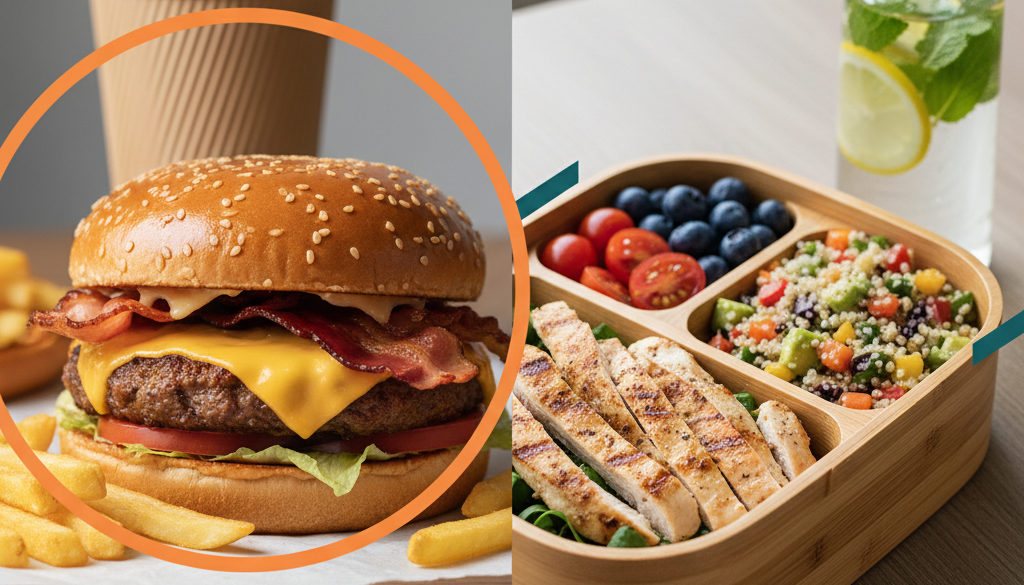 Porównanie niezdrowego burgera i zbilansowanego lunchboxa.