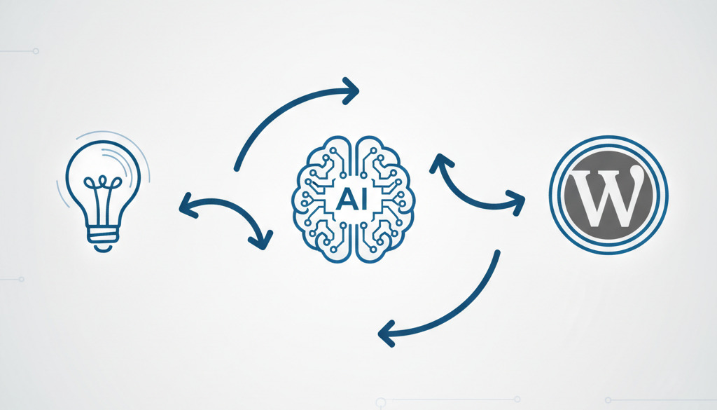 Diagram of AI integrating with WordPress for automated publishing workflow.
