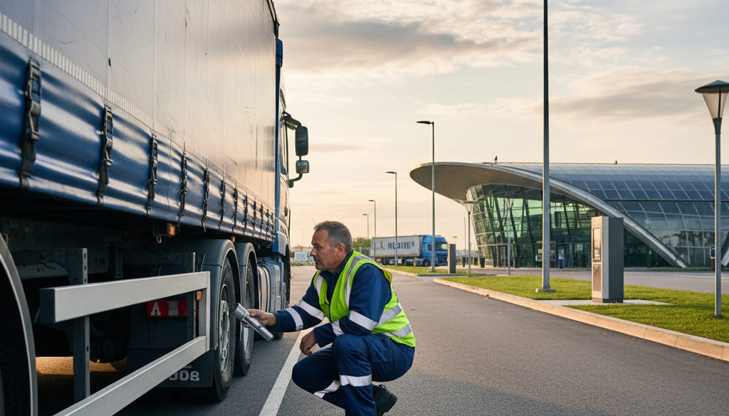 chauffeurs poids lourds roumains – Chauffeur roumain inspectant son camion sur une aire de repos.
