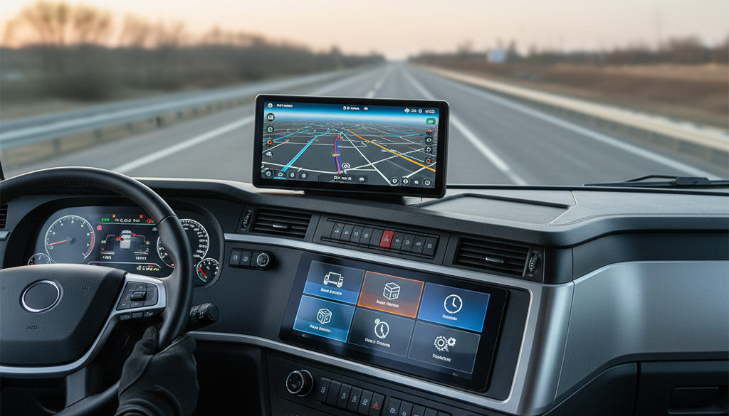 Tableau de bord moderne avec GPS et applications logistiques.