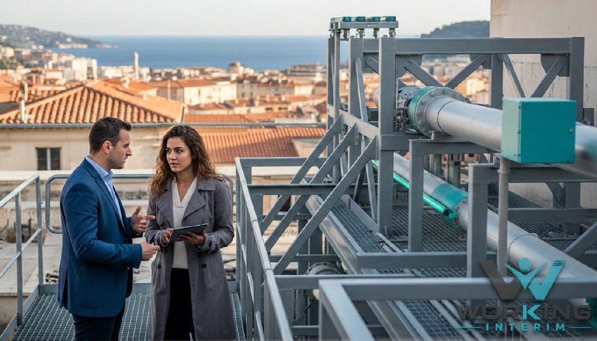 Ingénieurs discutant devant une infrastructure complexe à Nice.
