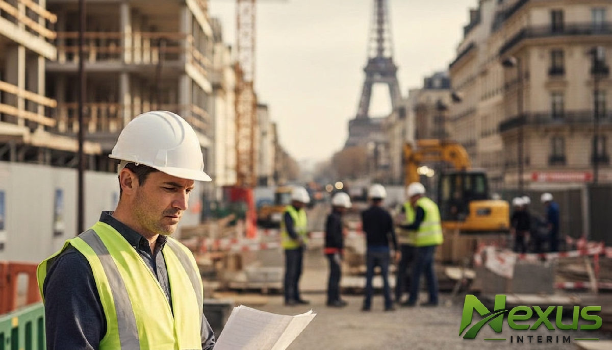 gérer pics activité intérim paris - Chef de chantier stressé gérant un pic d'activité à Paris.