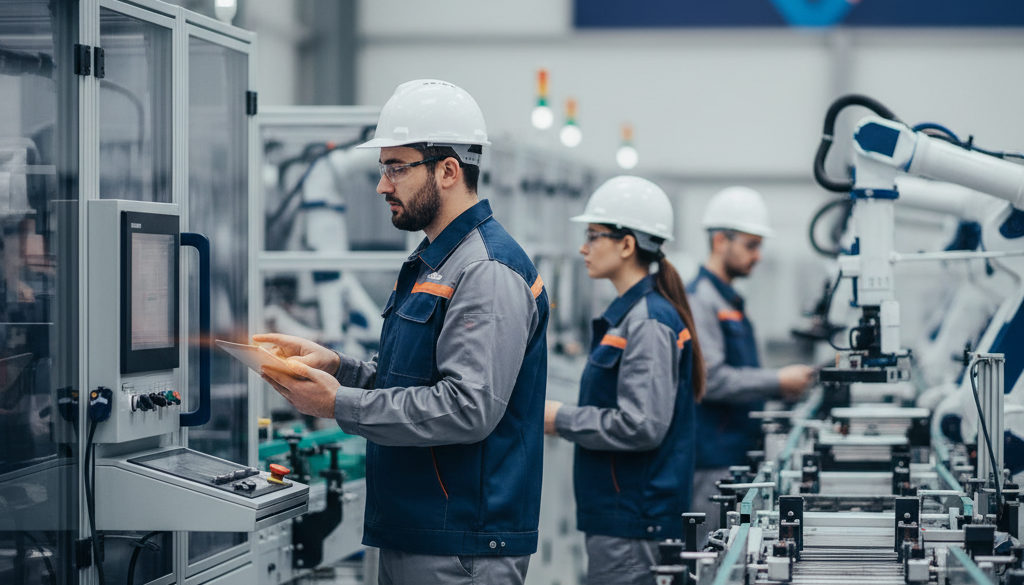 recrutement industrie roumains - Techniciens roumains qualifiés sur une ligne de production moderne.