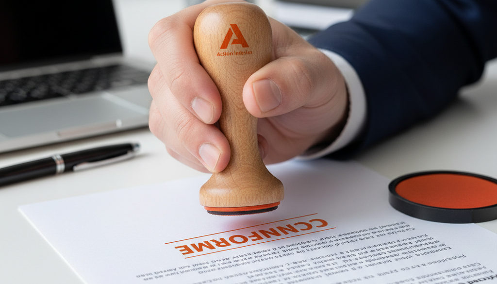 Document tamponné 'CONFORME' symbolisant la conformité légale.