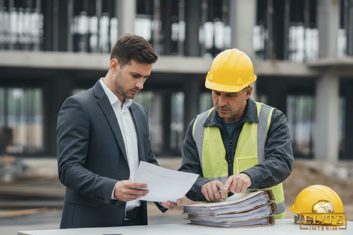 Inspecteur vérifiant des documents de conformité sur un chantier.