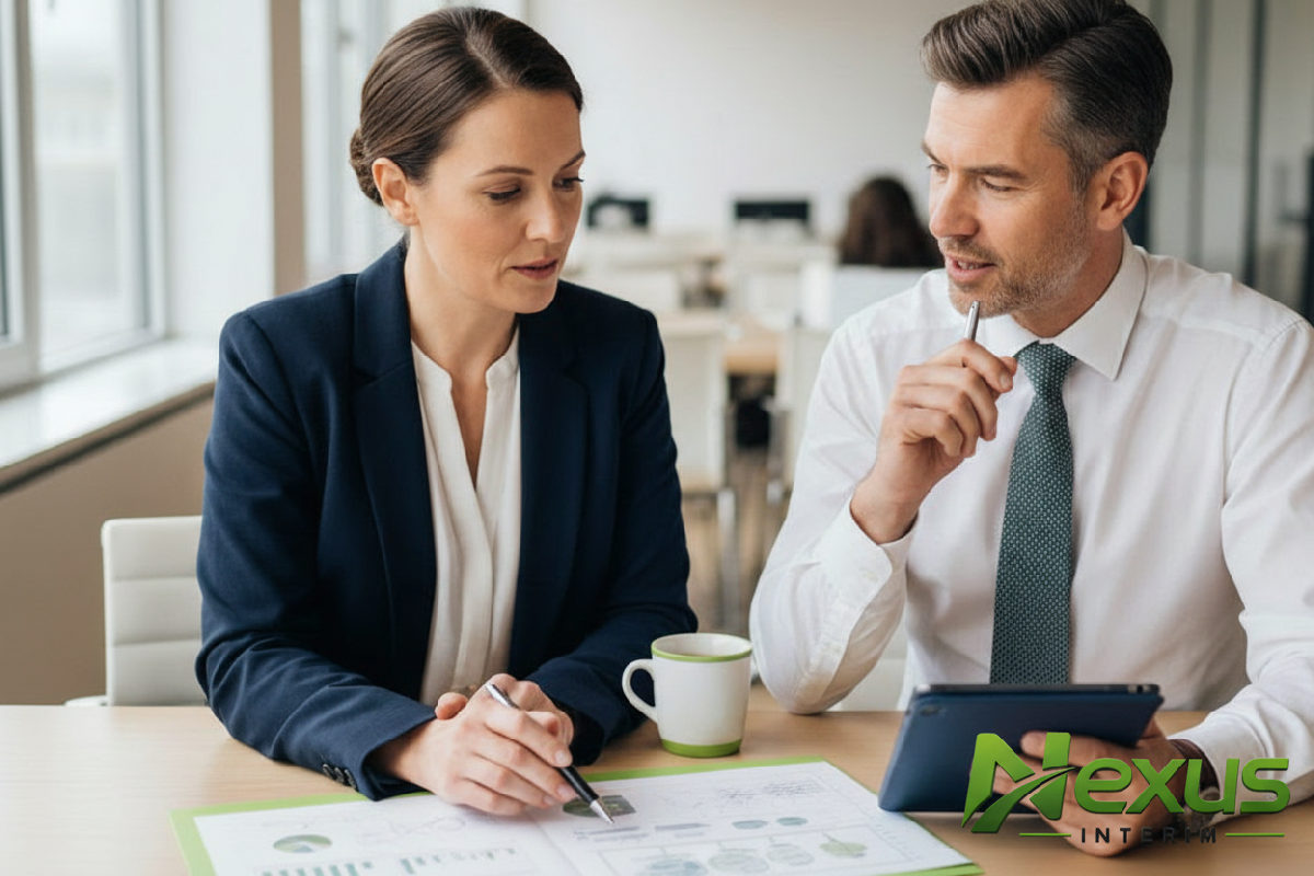 que fournir pour brief recruteur intérim - Responsable RH et consultant discutant d'un brief de recrutement.
