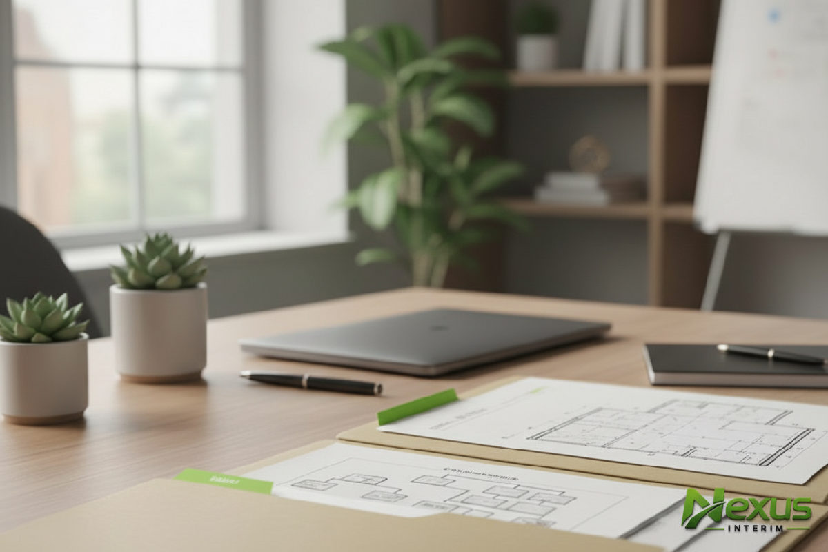 Bureau avec dossier 'Brief Recrutement' et organigrammes.