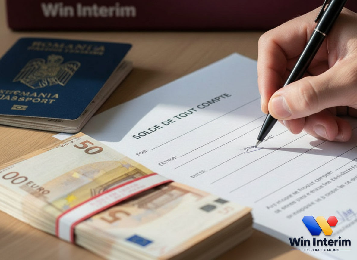 Signature de solde de tout compte, billets et passeport européen.
