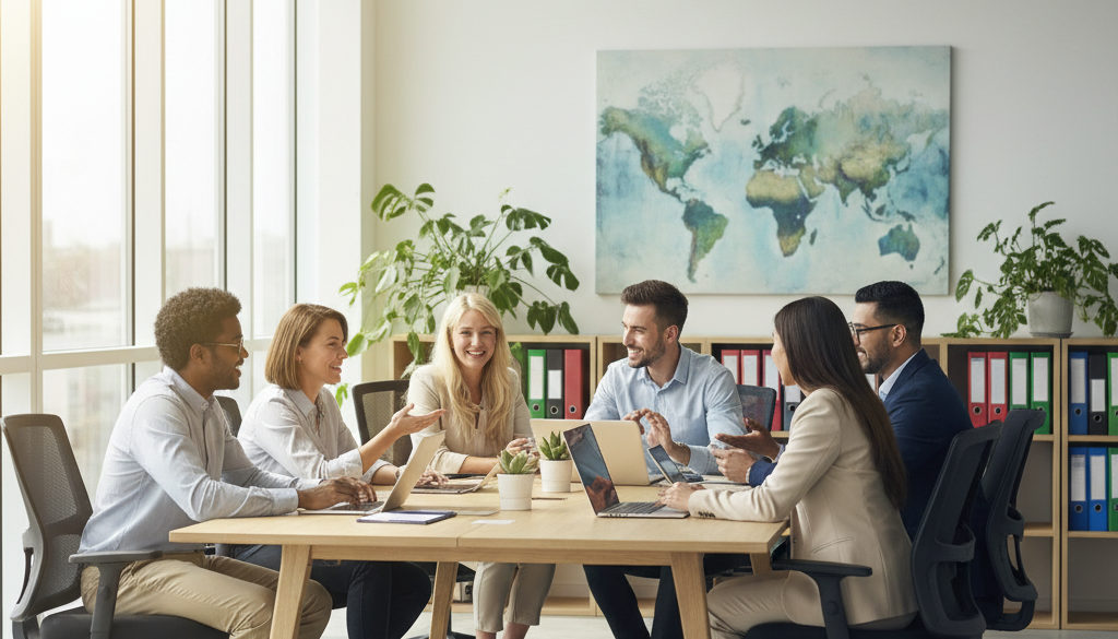 communication interculturelle travail – Équipe diverse collaborant dans un bureau lumineux et moderne.