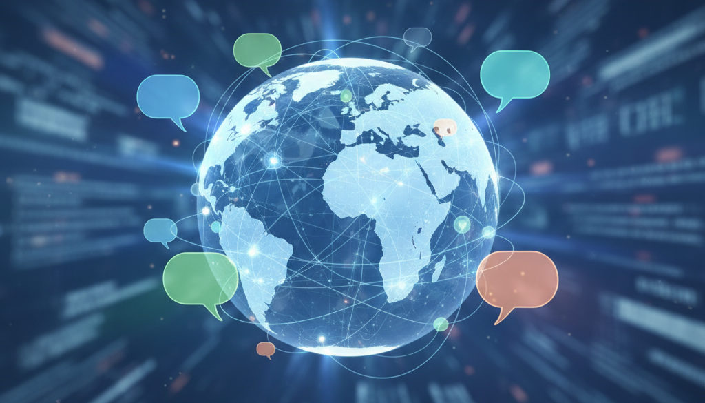 Graphique 3D montrant l'interconnexion mondiale et la collaboration.