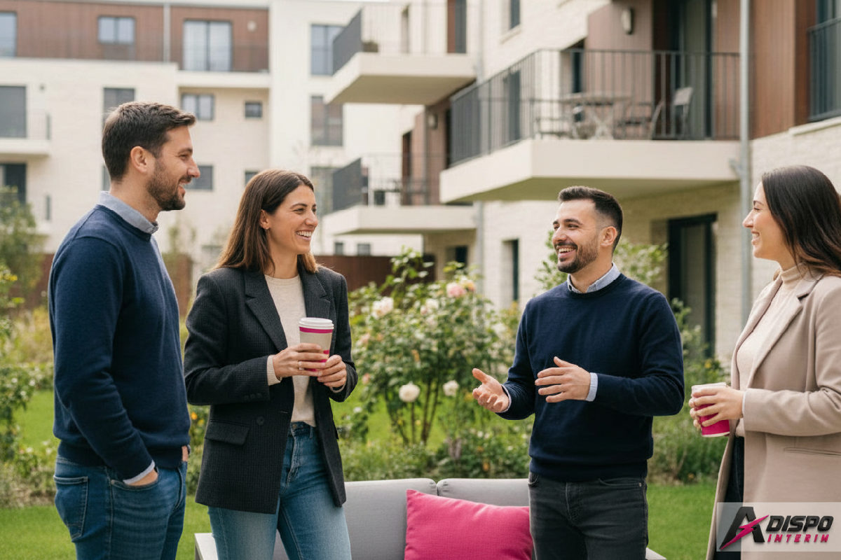 comment héberger salariés roumains détachés - Travailleurs roumains devant un logement moderne en France.