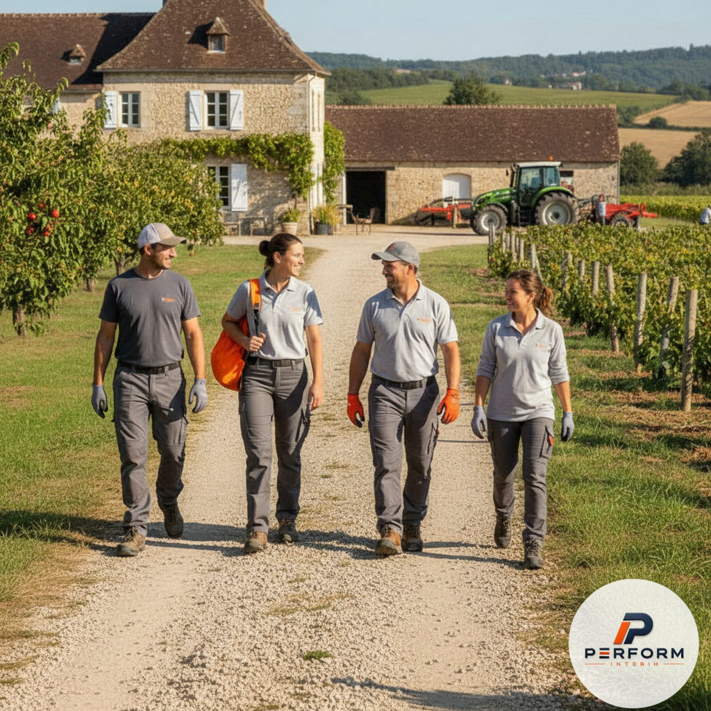 Travailleurs saisonniers souriants arrivant dans une ferme française.