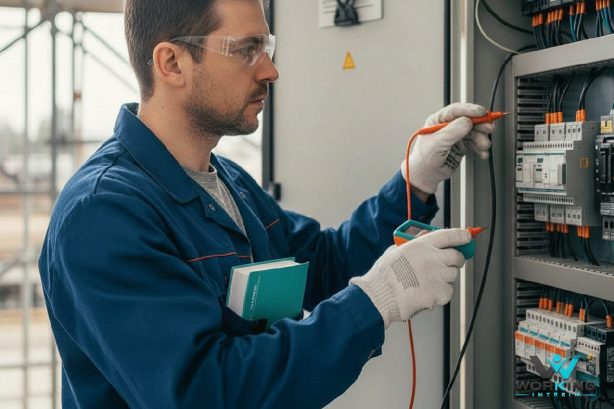 Électricien polonais qualifié travaillant sur un tableau électrique.
