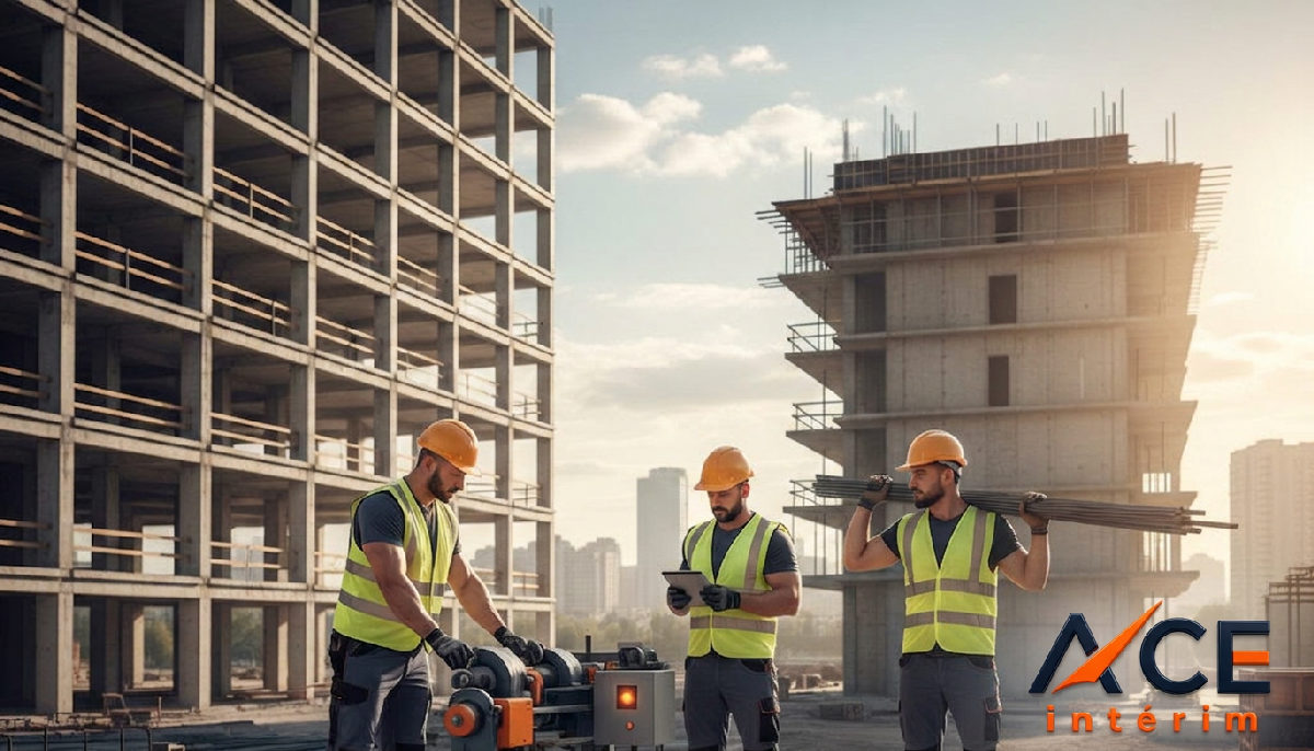 optimisation coûts salaires roumains France BTP - Ouvriers qualifiés sur un chantier de construction moderne en France.