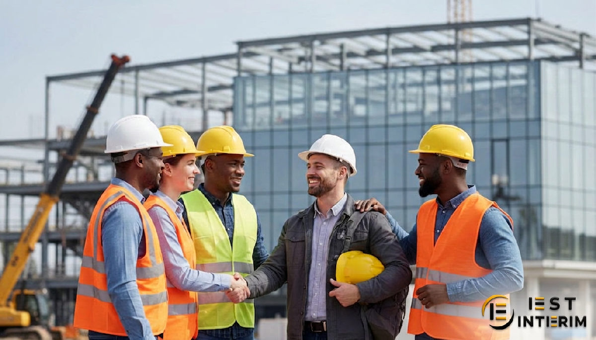Équipe de chantier accueillant un nouvel intérimaire.