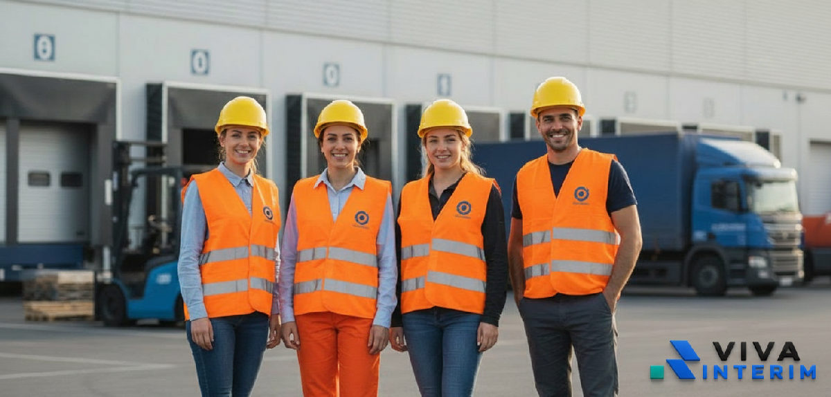 Travailleurs roumains souriants devant un entrepôt logistique en France.