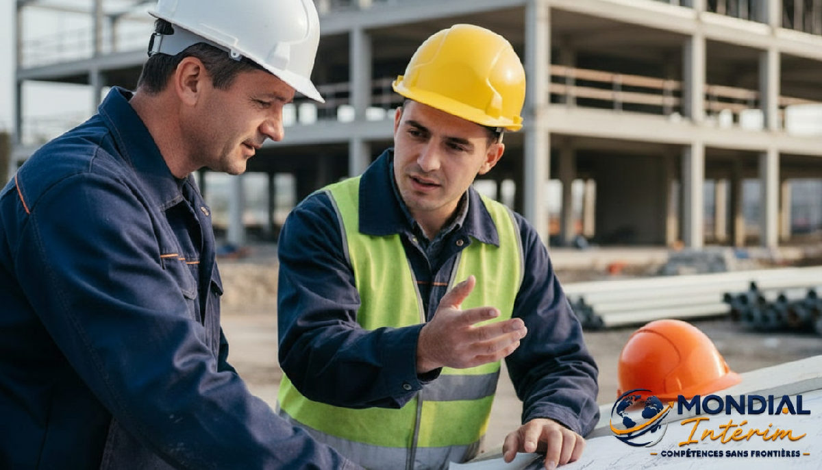 Chef de chantier et ouvrier qualifié examinant des plans.