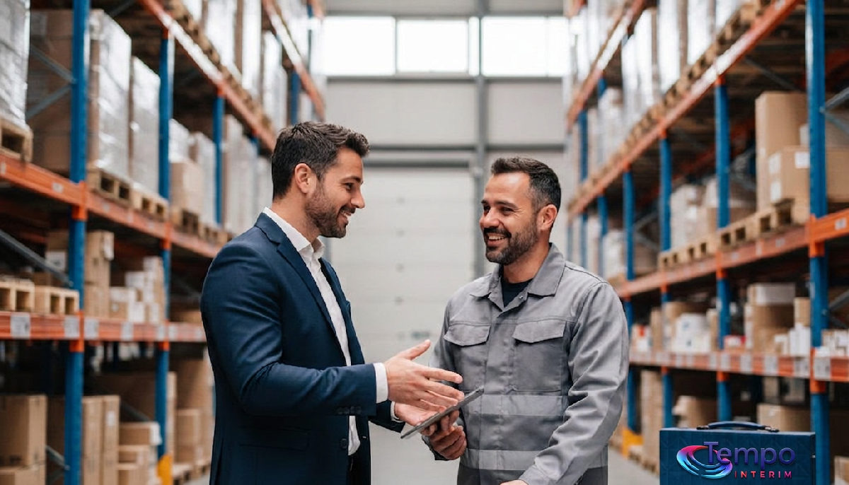 Conseiller en recrutement Tempo Interim et responsable logistique devant des rayonnages.