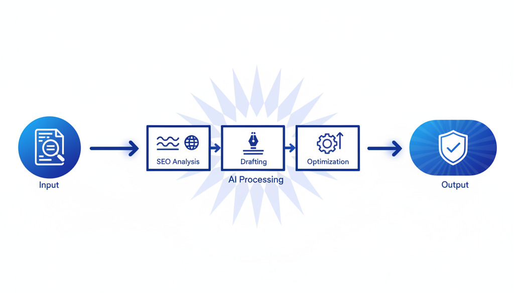Diagramma del processo di creazione di contenuti SEO basato su IA.