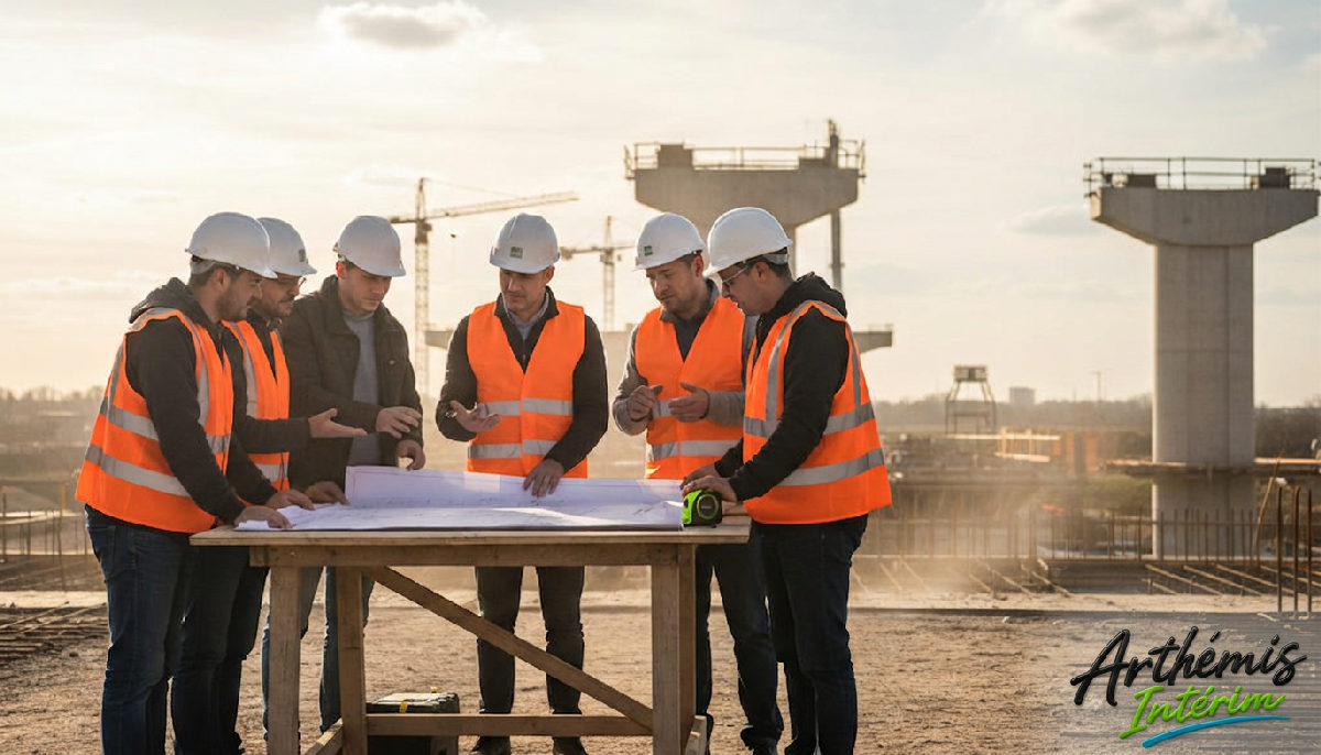Équipe mixte échangeant autour de plans sur un chantier de génie civil.