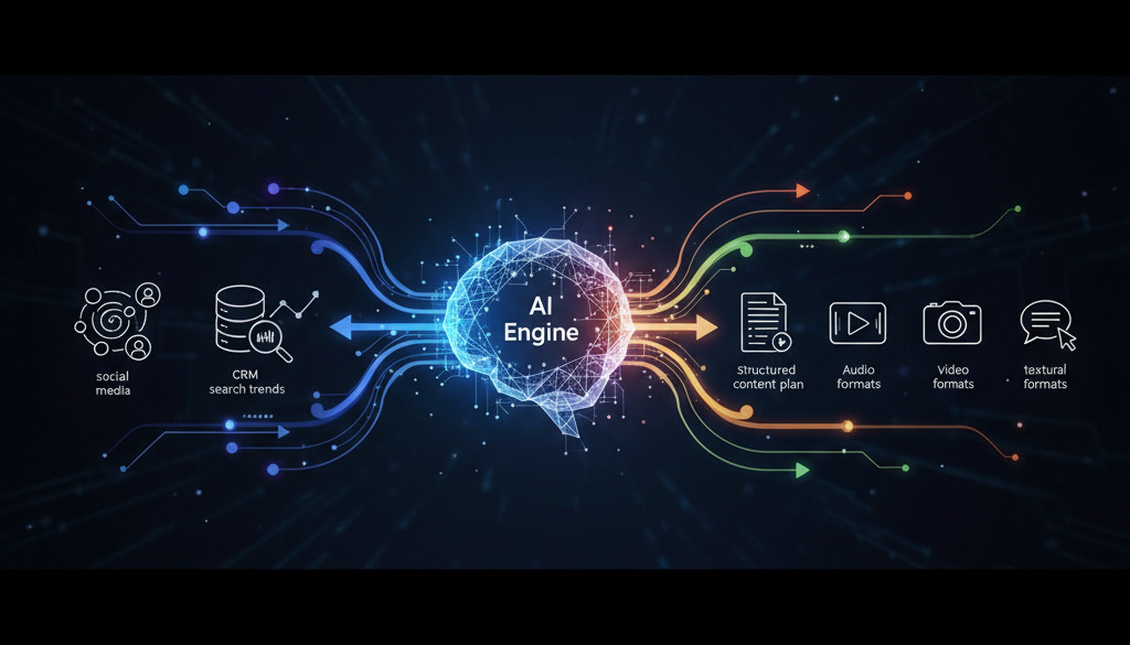 Infographic illustrating AI content plan generation from data inputs.