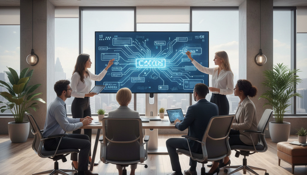 Marketing team collaborating on an AI-generated content roadmap via touchscreen.