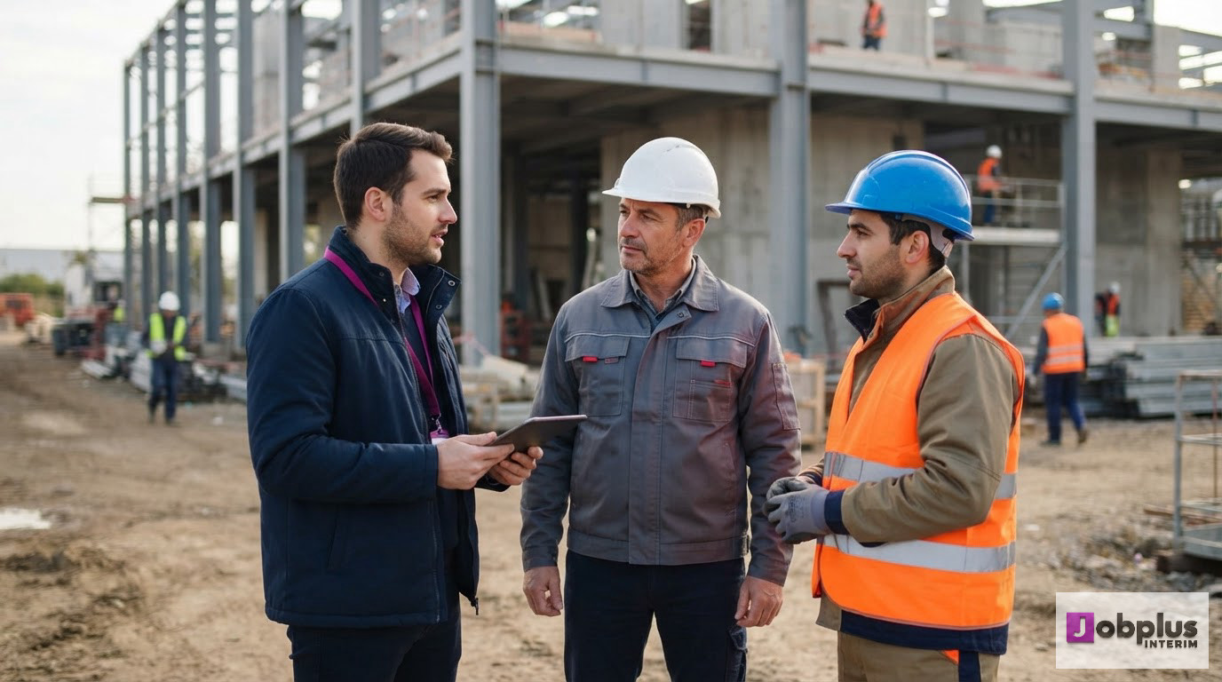 Un coordinateur d'agence discutant avec un chef de chantier et un ouvrier roumain.